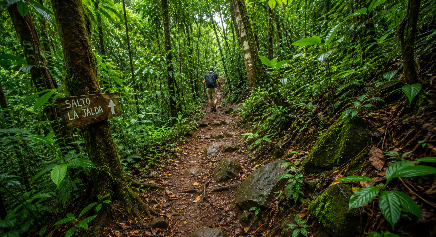 Natural hiking trail to Salto La Jalda in Miches. Tropical rainforest trail leading to Salto La Jalda near Miches.